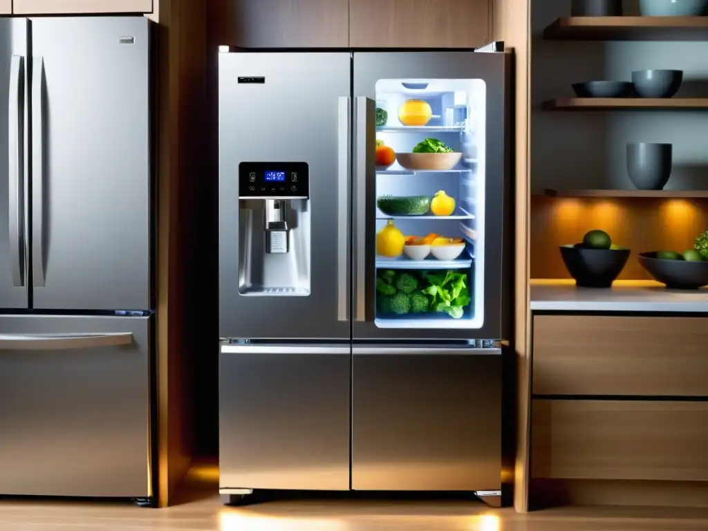 Refrigerador de Acero Inoxidable con Sellador al Vacío Integrado Refrigerador de acero inoxidable con sellador al vacío integrado, iluminado por LED y mostrando alimentos organizados al vacío