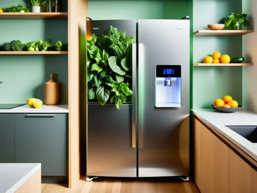Un refrigerador de acero inoxidable con vegetales frescos y frutas maduras