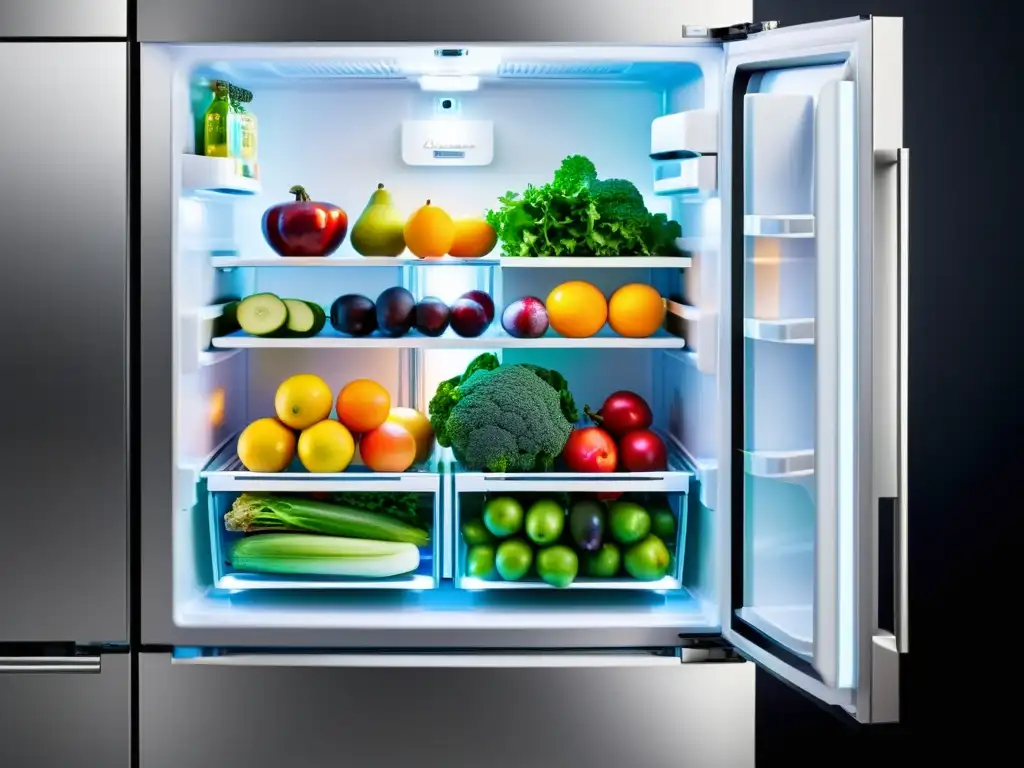 Refrigerador moderno con compartimentos iluminados para frutas y verduras Refrigerador con compartimientos especiales para frutas y verduras, iluminados con LED y organizados con elegancia y eficiencia