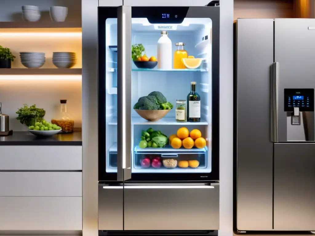 Refrigerador futurista con pantalla táctil transparente para cocina moderna Refrigerador futurista con pantalla táctil transparente en la puerta, mostrando beneficios de la conectividad 5G en una cocina moderna y minimalista