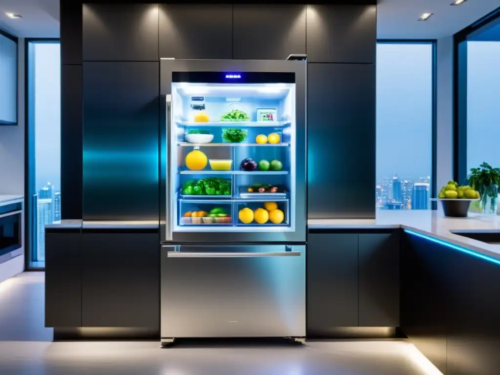 Refrigerador futurista de alta tecnología y diseño moderno Refrigerador futurista con tecnología avanzada y diseño minimalista, iluminación LED colorida