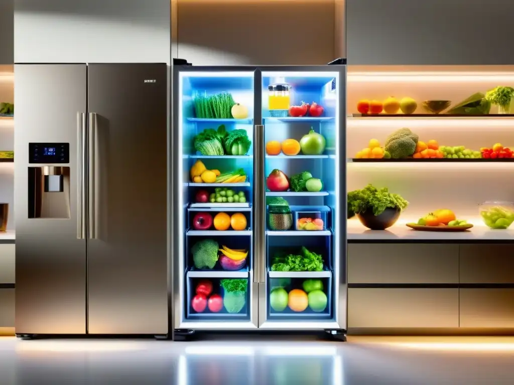 Refrigerador inteligente y moderno con frutas y verduras vibrantes Refrigerador inteligente con ajustes ocultos, frutas y verduras organizadas en estantes, iluminado por LED en una cocina moderna y lujosa