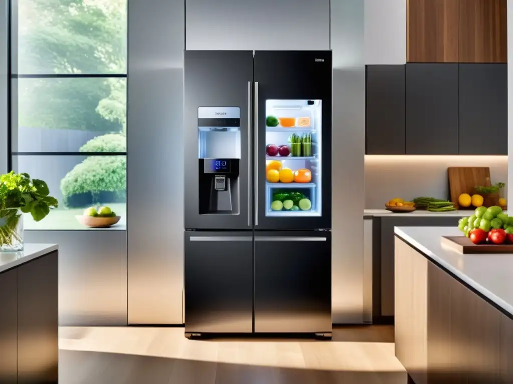 Refrigerador inteligente: personaliza tu hogar con estilo Refrigerador inteligente con ajustes ocultos y diseño moderno en cocina contemporánea
