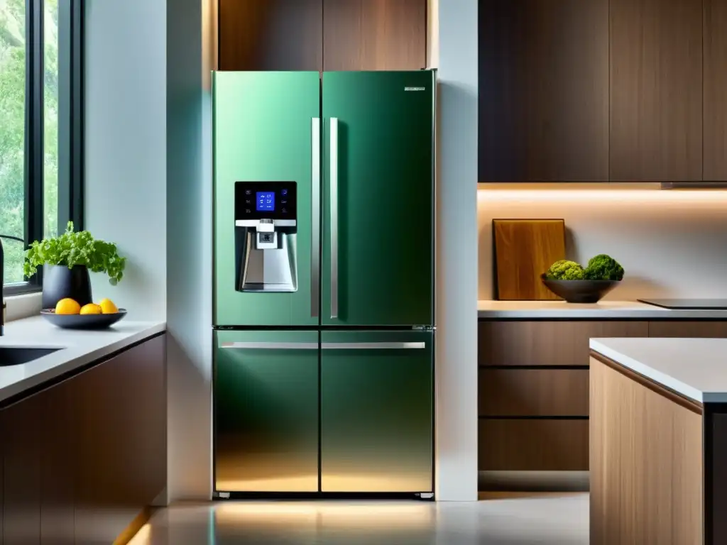 Refrigerador inteligente de diseño moderno con pantalla táctil incorporada Un refrigerador inteligente en una cocina moderna y elegante con electrodomésticos de acero inoxidable de alta gama, iluminada con luz ambiental suave