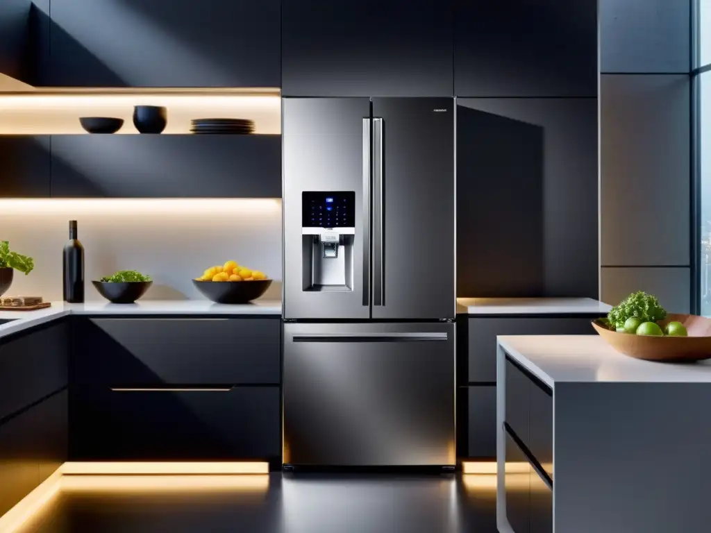 Refrigerador inteligente de diseño moderno para cocinas futuristas Refrigerador inteligente con IA para el hogar en una cocina futurista y elegante, destacando tecnología avanzada y funcionalidad