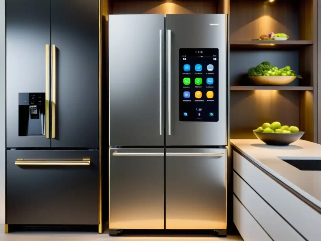 Refrigerador inteligente: lujo y funcionalidad en la cocina Un refrigerador inteligente integrado en una cocina moderna y elegante, con pantalla táctil y funciones inteligentes