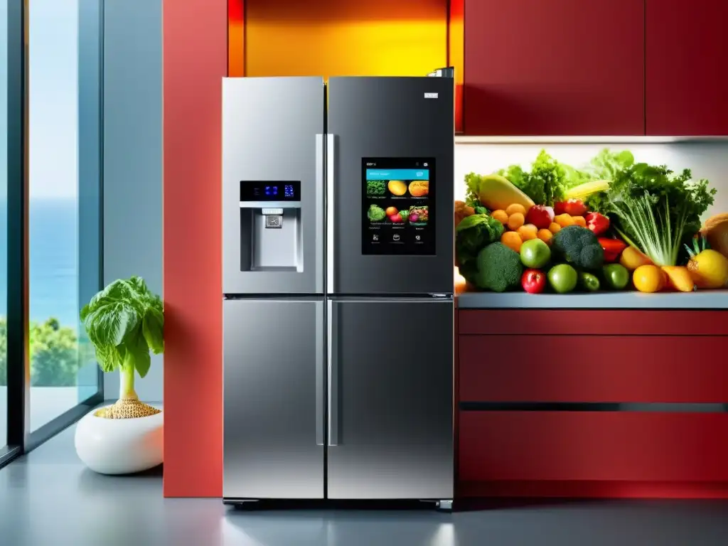 Refrigerador inteligente con frutas y verduras frescas Un refrigerador inteligente y moderno con frutas y verduras frescas organizadas en compartimentos espaciosos, iluminadas por LED