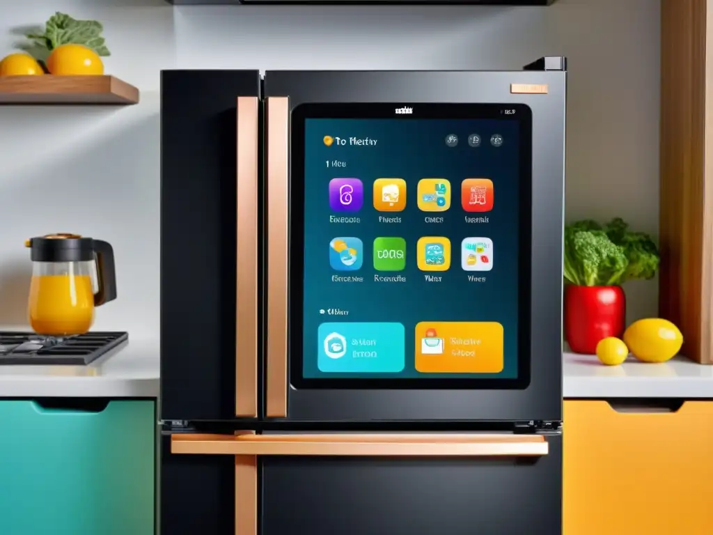 Un refrigerador inteligente negro muestra aplicaciones educativas seguras para niños en una cocina moderna y acogedora