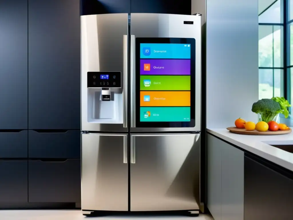 Refrigerador inteligente con pantalla educativa para niños en cocina moderna: Electrodomésticos inteligentes seguros para niños
