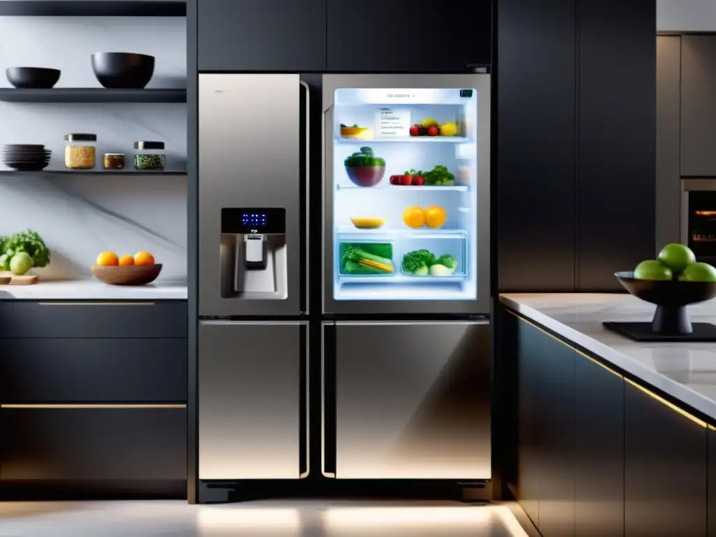 Refrigerador inteligente con pantalla táctil transparente en cocina moderna Refrigerador inteligente con pantalla táctil transparente, mostrando plan de comidas personalizado y lista de compras