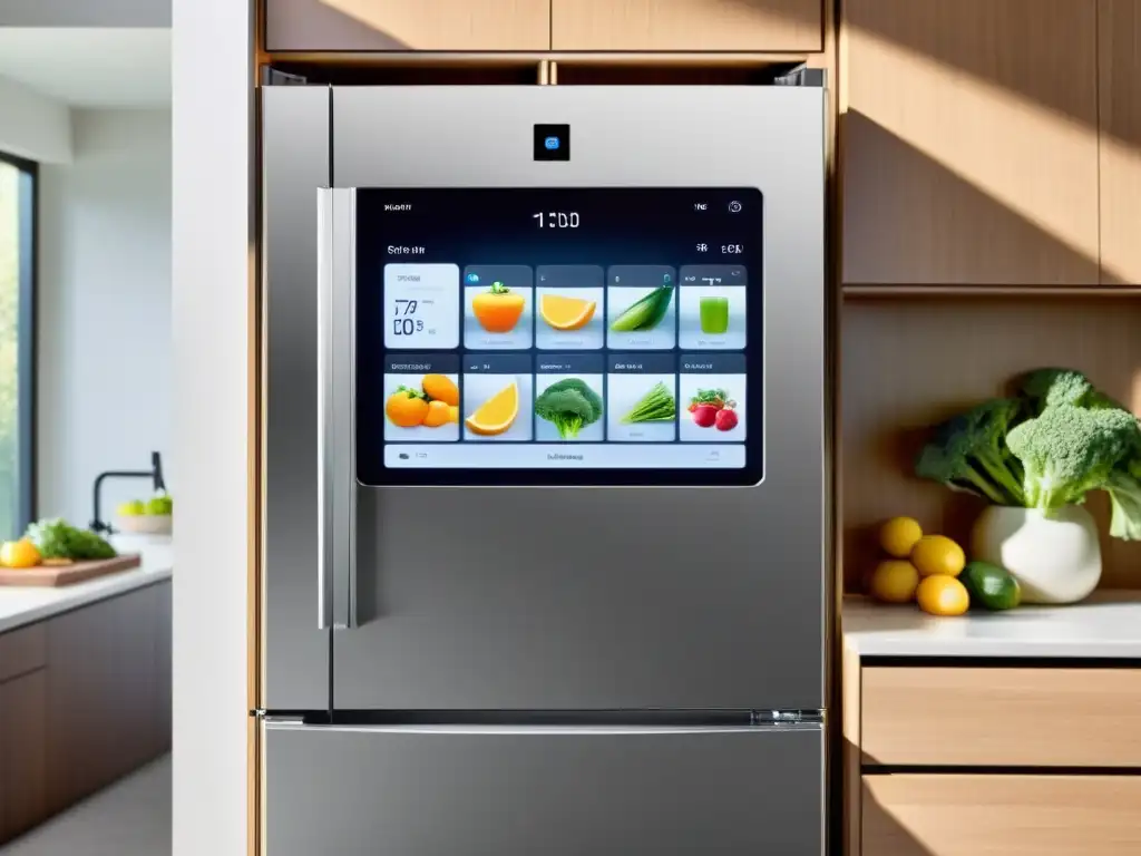 Refrigerador inteligente de diseño moderno con pantalla táctil y luz LED Un refrigerador inteligente con pantalla táctil integrada, iluminación LED suave y productos frescos organizados
