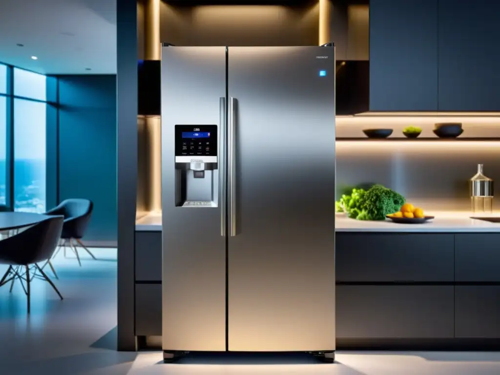 Refrigerador inteligente: tecnología y estilo moderno Refrigerador inteligente con pantalla táctil en una cocina moderna y futurista, exudando sofisticación y tecnología