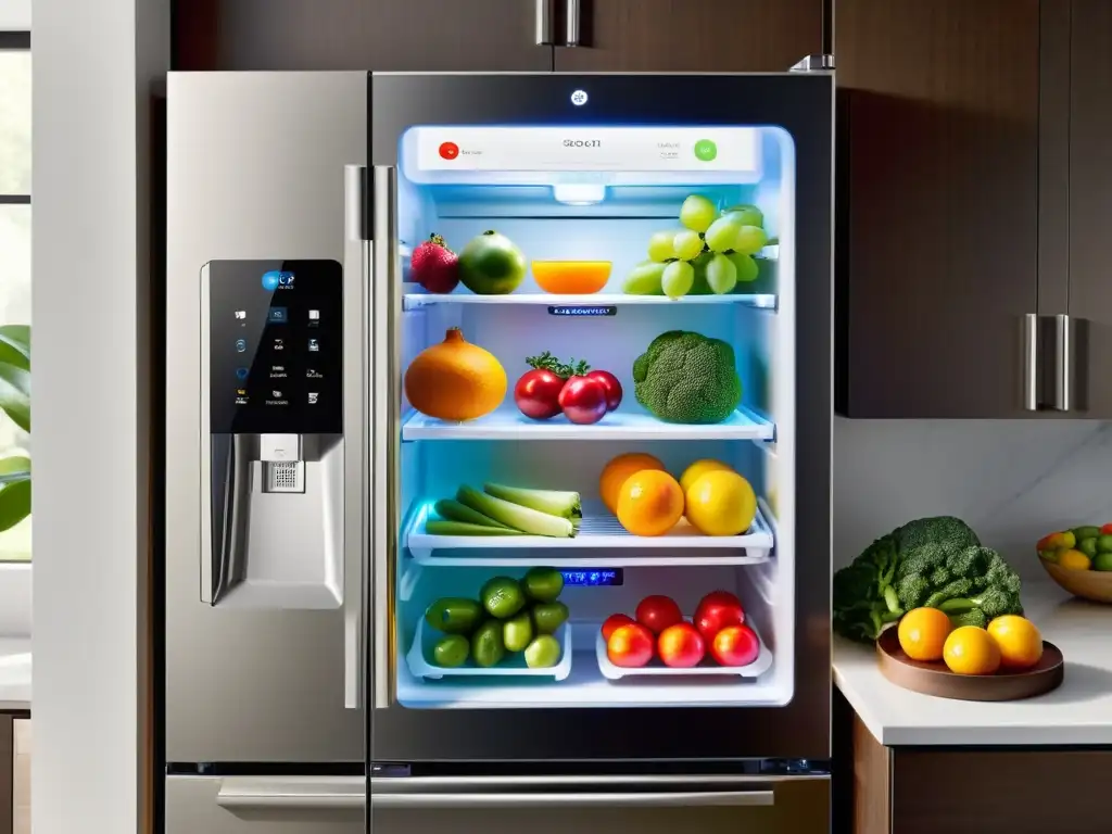 Refrigerador inteligente con pantalla táctil y diseño moderno Un refrigerador inteligente con pantalla táctil, apps y alimentos frescos