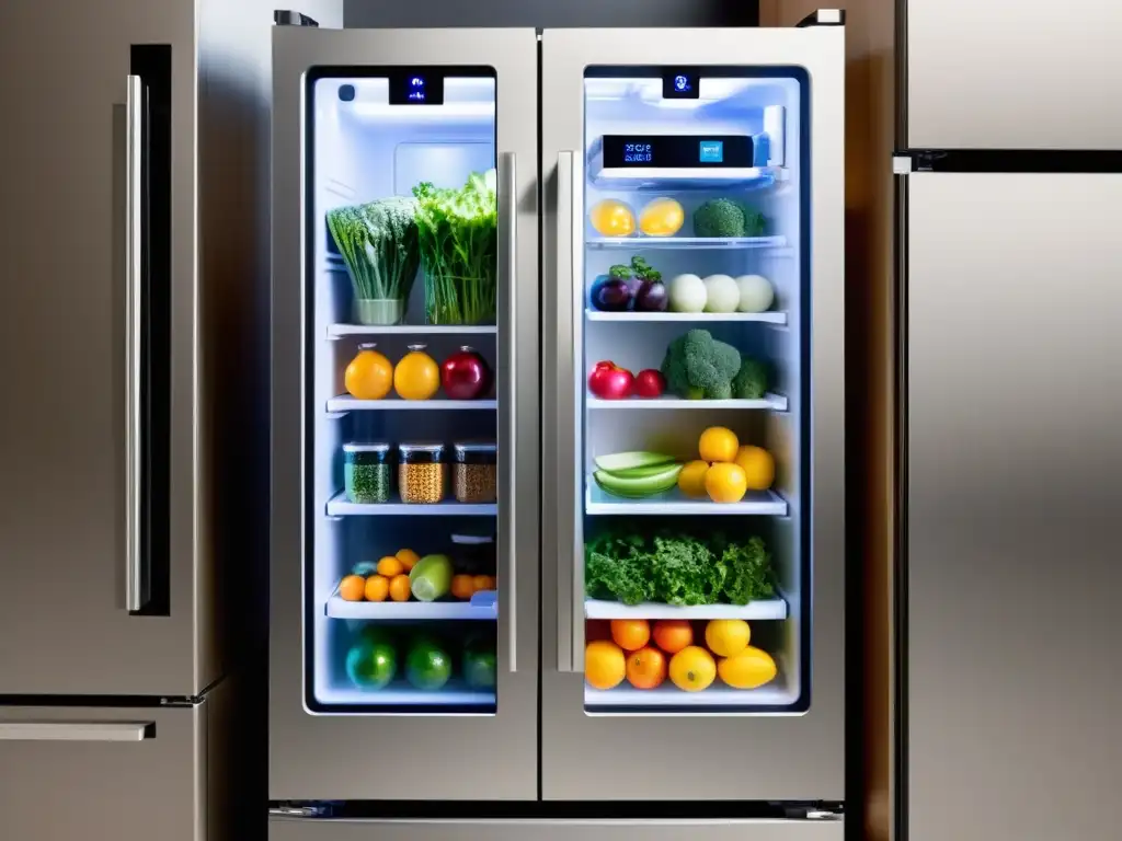 Refrigerador inteligente con diseño moderno y app incorporada Refrigerador inteligente con pantalla táctil y alimentos frescos