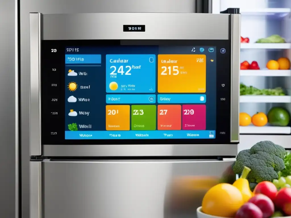 Refrigerador inteligente: moderno y accesible Un refrigerador inteligente con pantalla táctil, mostrando calendario y clima