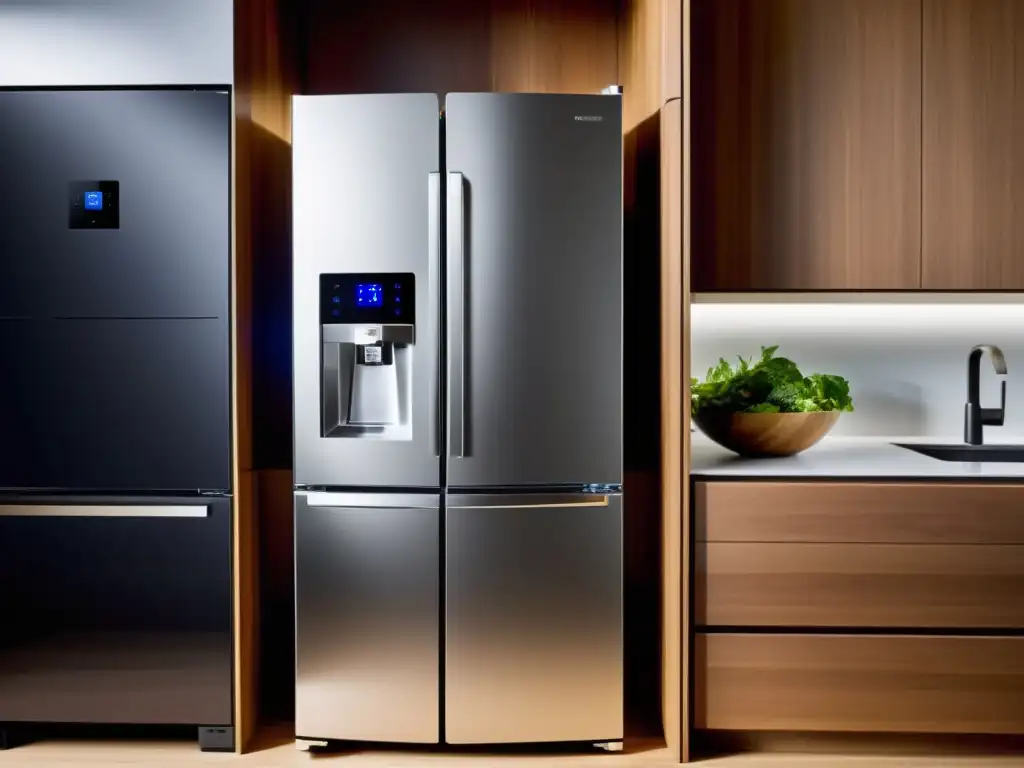 Refrigerador inteligente con seguridad avanzada y diseño futurista Refrigerador inteligente con seguridad avanzada en elegante cocina contemporánea