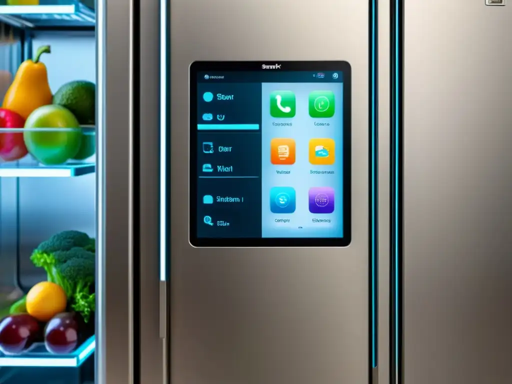 Refrigerador inteligente de alta tecnología con pantalla táctil Refrigerador inteligente con tecnologías emergentes en electrodomésticos conectados, pantalla táctil y diseño futurista en metal brillante