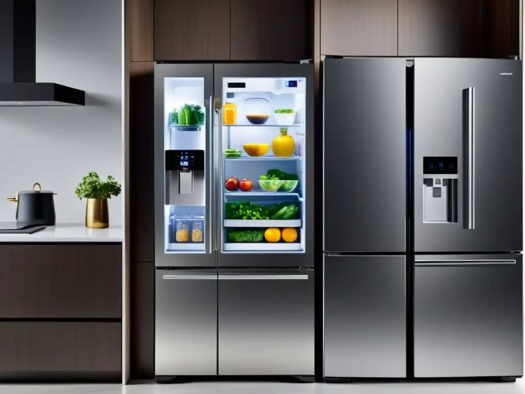 Un refrigerador inteligente de última generación integrado en una cocina moderna con domótica en electrodomésticos de última generación