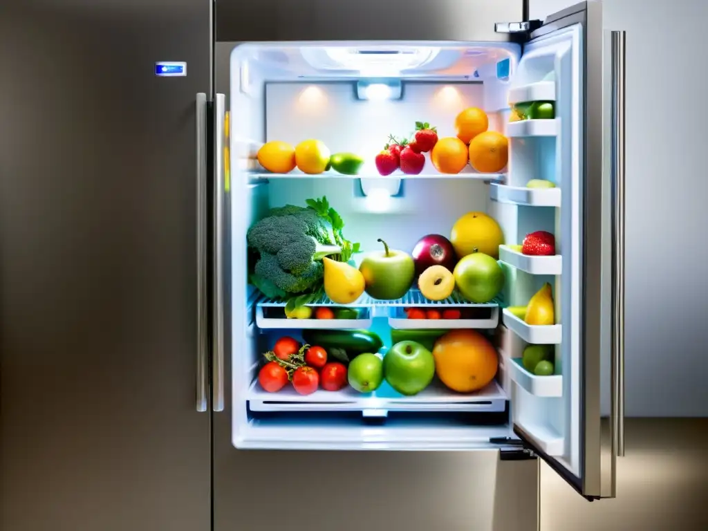 Un refrigerador moderno de acero inoxidable con iluminación LED, estantes organizados y alimentos frescos