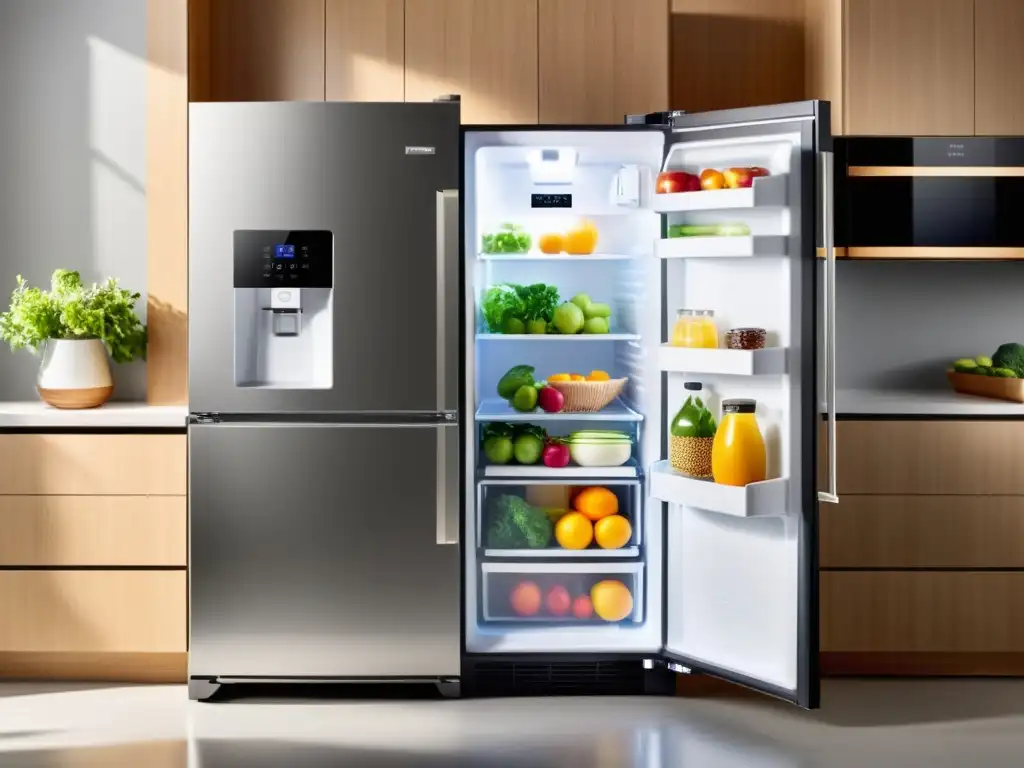 Refrigerador moderno: organización impecable y tecnología eficiente Refrigerador moderno con tecnología Inverter, iluminación LED y alimentos frescos ordenados en estantes