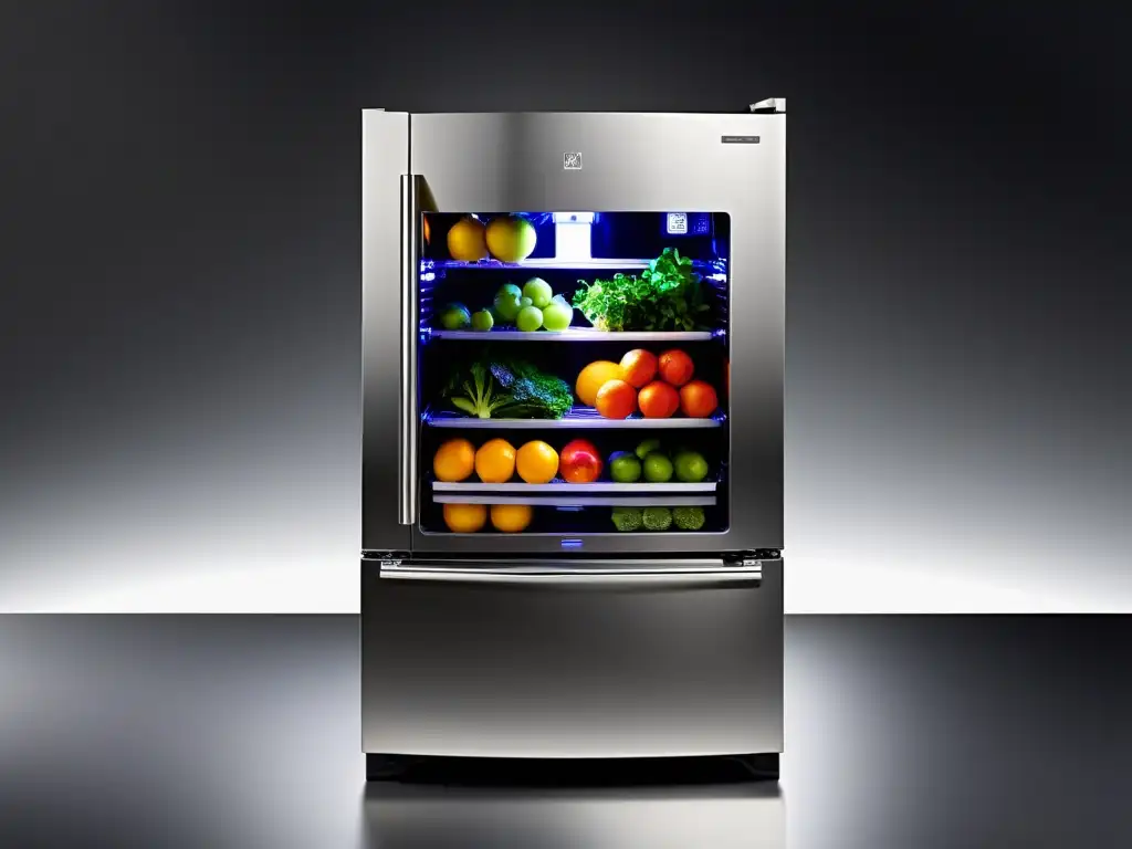 Refrigerador moderno con compartimentos especiales para frutas y verduras Refrigerador moderno con compartimientos especiales para frutas y verduras, iluminación LED y acabado de acero inoxidable, organizado y vibrante