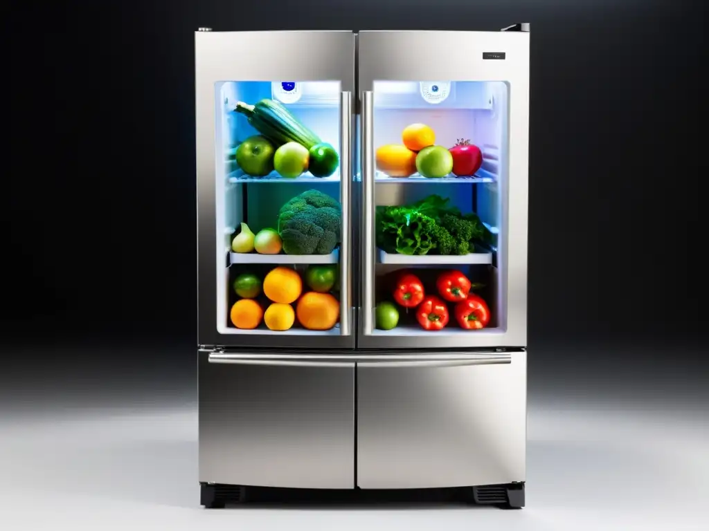 Refrigerador moderno con compartimentos especiales para frutas y verduras Refrigerador moderno con compartimientos especiales para frutas y verduras, control de humedad ajustable y diseño elegante en acero inoxidable