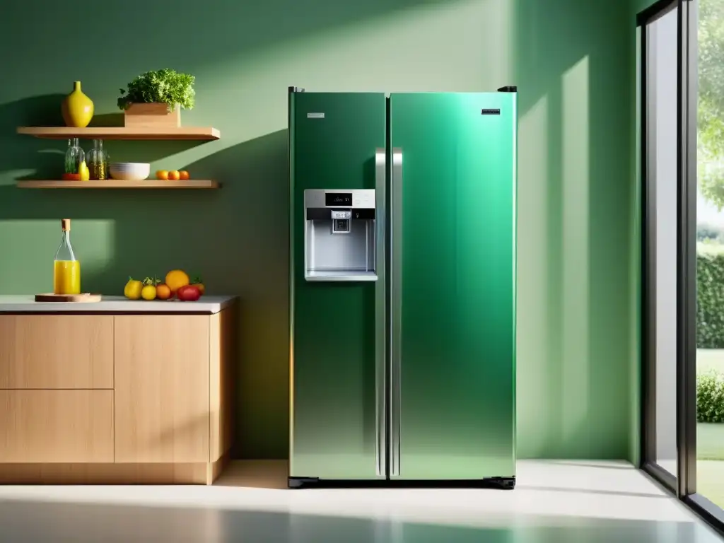 Refrigerador moderno: eficiencia energética en casa Un refrigerador moderno con etiqueta energética visible, destacando eficiencia y consumo