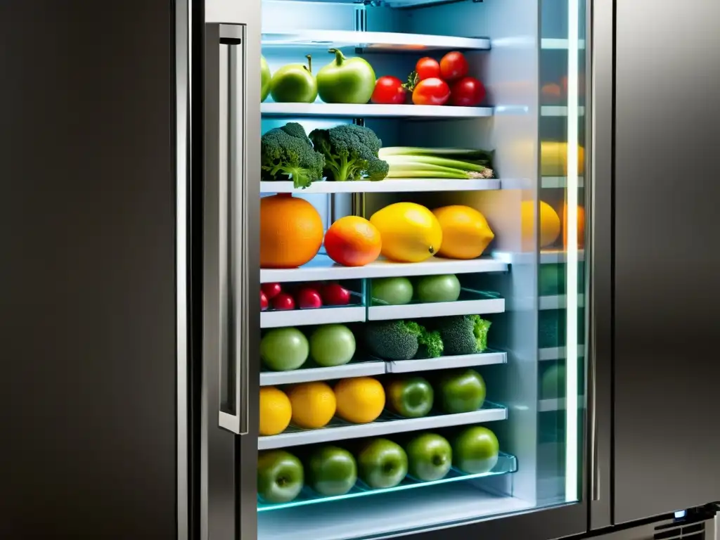 Refrigerador moderno con compartimentos para frutas y verduras Refrigerador moderno con iluminación suave y compartimientos especiales para frutas y verduras, organizado y atractivo