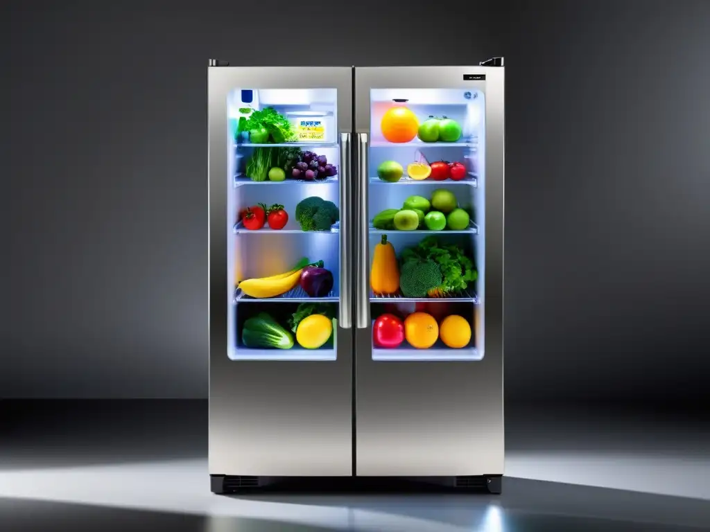 Refrigerador moderno con puerta de vidrio y alimentos coloridos Un refrigerador moderno con puerta de vidrio, exhibiendo frutas y verduras coloridas en estantes organizados, iluminados por LED