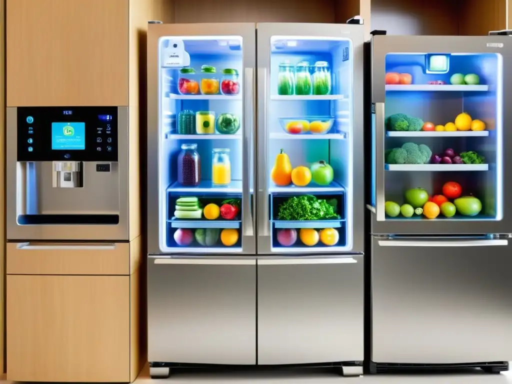Refrigerador moderno y seguro para niños con pantalla táctil y estantes LED iluminados, en una cocina cálida y acogedora