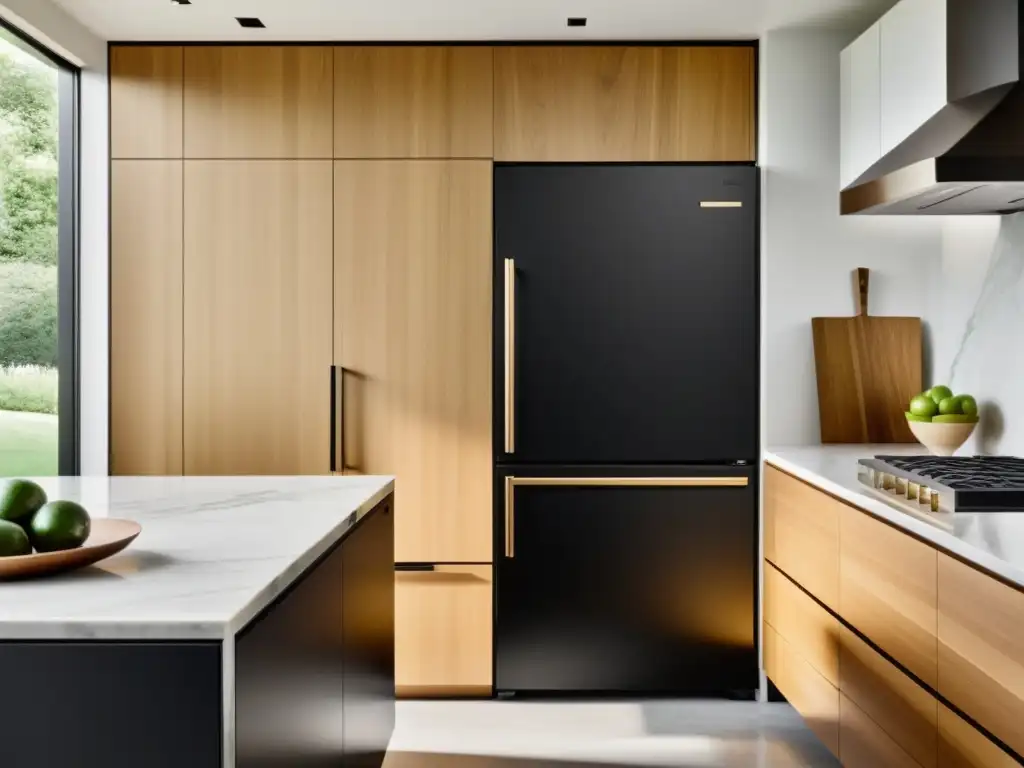 Refrigerador negro mate de diseño minimalista en cocina elegante Refrigerador negro mate integrado con elegancia en cocina contemporánea