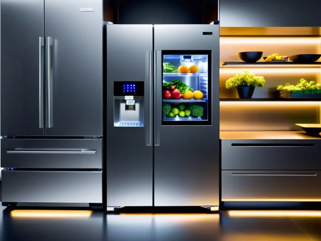 Refrigerador de diseño futurista en cocina de alta tecnología Refrigerador plateado en cocina futurista con diseño minimalista y electrodomésticos de diseño futurista