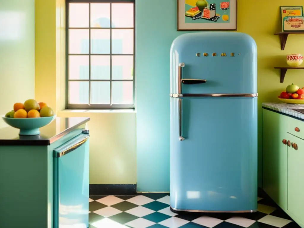 Refrigerador vintage azul en cocina retro Refrigerador retro azul pastel en cocina vintage con imanes y fruta