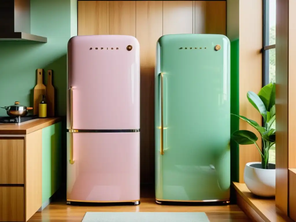 Refrigerador retro en cocina moderna: 8k ultradetallado Un refrigerador retro en una cocina moderna con electrodomésticos retro para el hogar