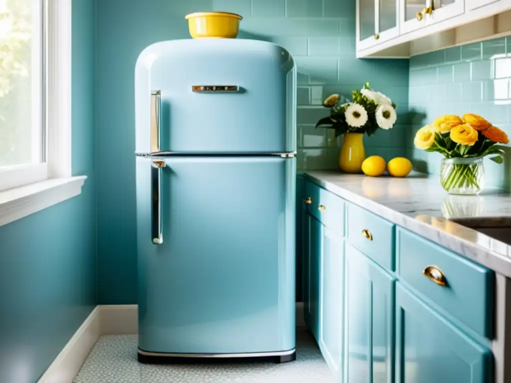 Refrigerador retro azul pastel en cocina luminosa Un refrigerador retro de color azul pastel con detalles cromados en una cocina luminosa y moderna