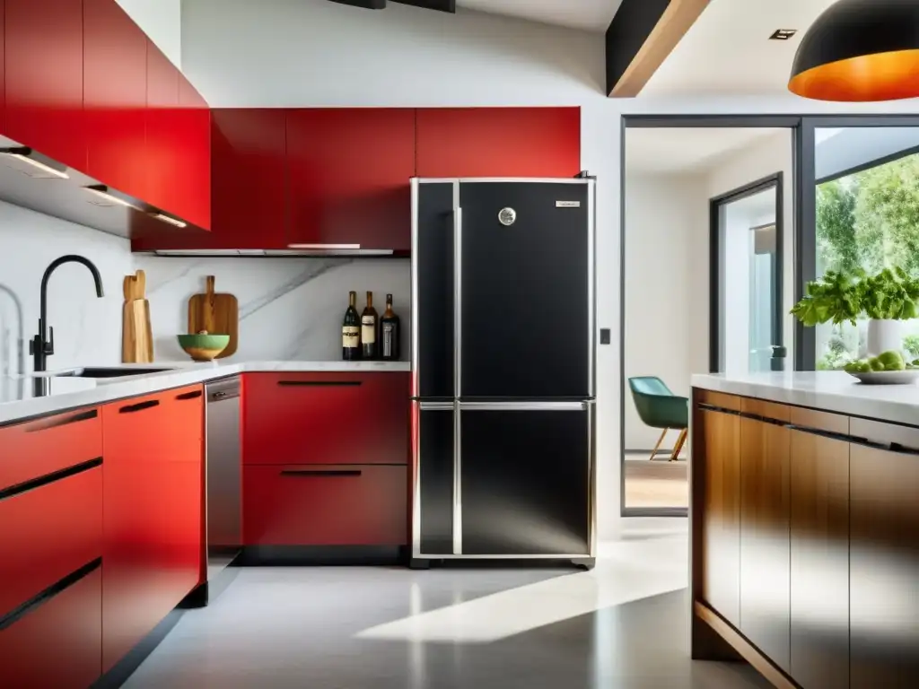 Refrigerador retro negro en cocina moderna Un refrigerador retro negro con toques cromados en una cocina minimalista con encimeras de mármol blanco