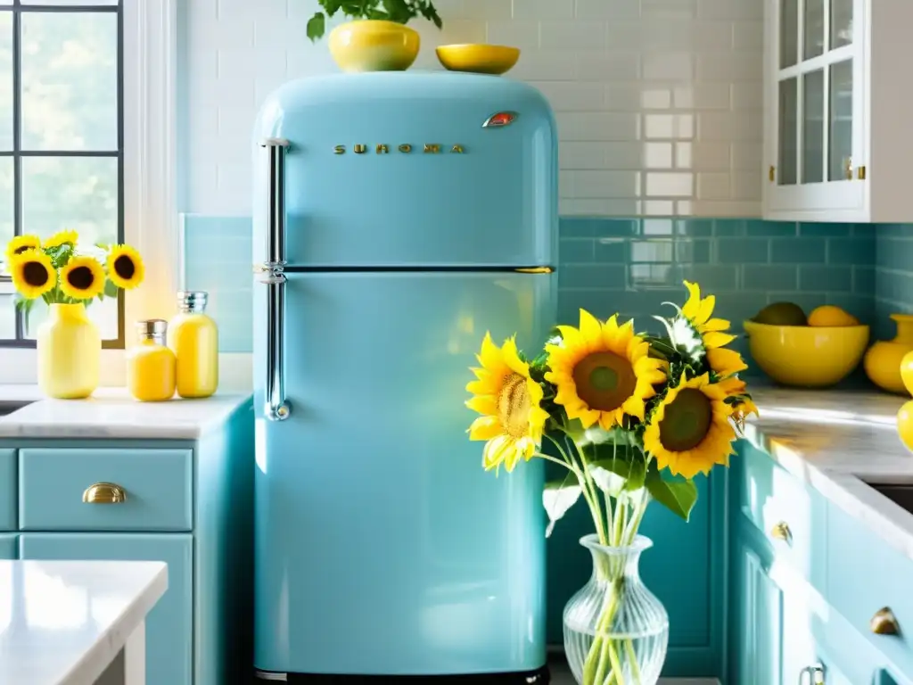 Refrigerador vintage azul pastel: encanto retro en cocina moderna Un refrigerador retro restaurado en azul pastel, iluminado por el sol en una cocina moderna con azulejos blancos y encimera de mármol