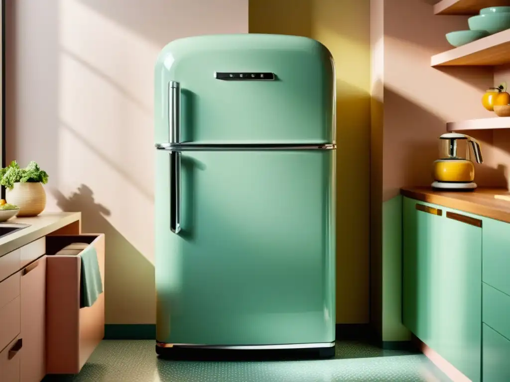 Un refrigerador retro en tono pastel destaca en una cocina moderna con detalles vintage, ideal para electrodomésticos vintage para el hogar