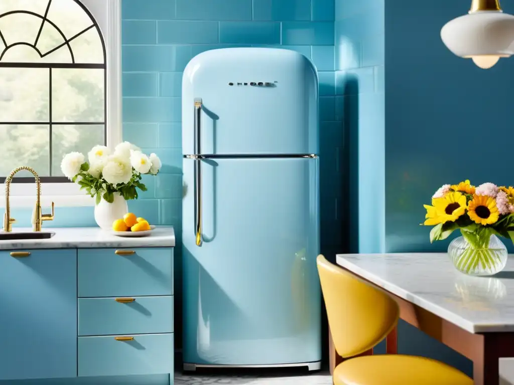 Refrigerador vintage azul pastel en una cocina luminosa Un refrigerador vintage en azul pastel con detalles cromados, en una cocina luminosa con encanto retro
