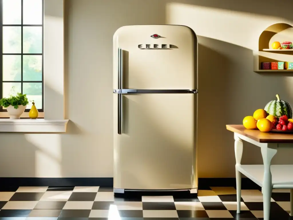 Refrigerador vintage en cocina contemporánea Un refrigerador vintage crema con detalles cromados en una cocina soleada, con un toque retro y contemporáneo
