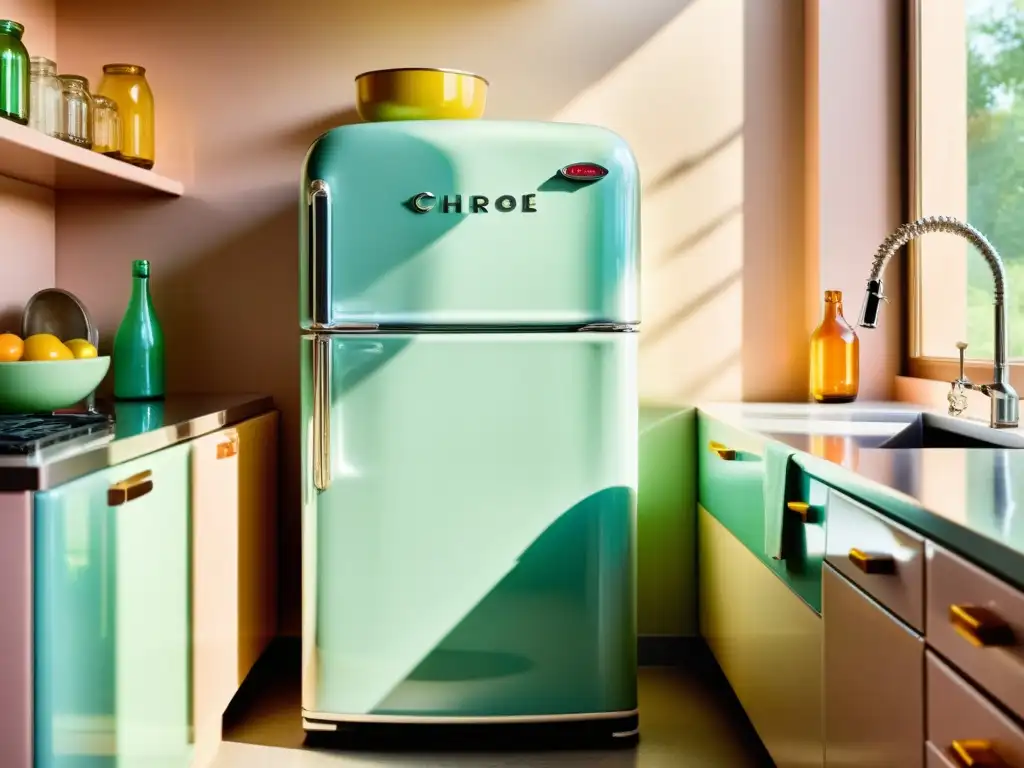 Refrigerador vintage cromado en cocina soleada Un refrigerador vintage de cromo pulido en una cocina soleada, con imanes pastel y botellas de leche vintage