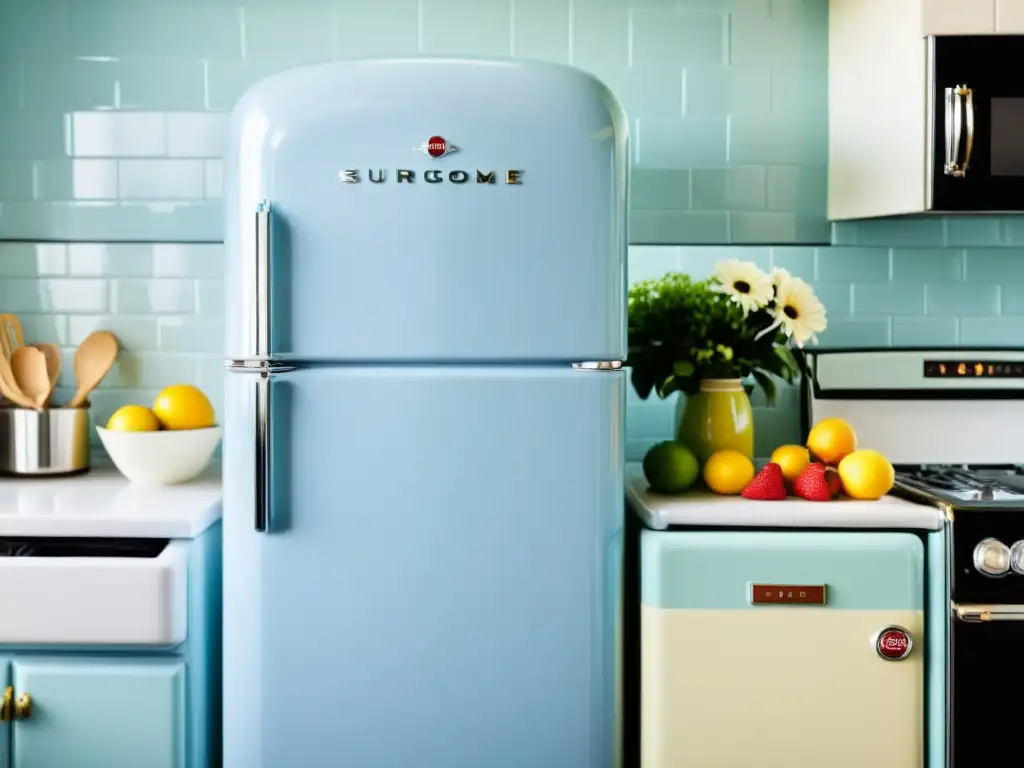 Refrigerador vintage azul pastel restaurado en cocina soleada Un refrigerador vintage restaurado en azul pastel destaca en una cocina soleada