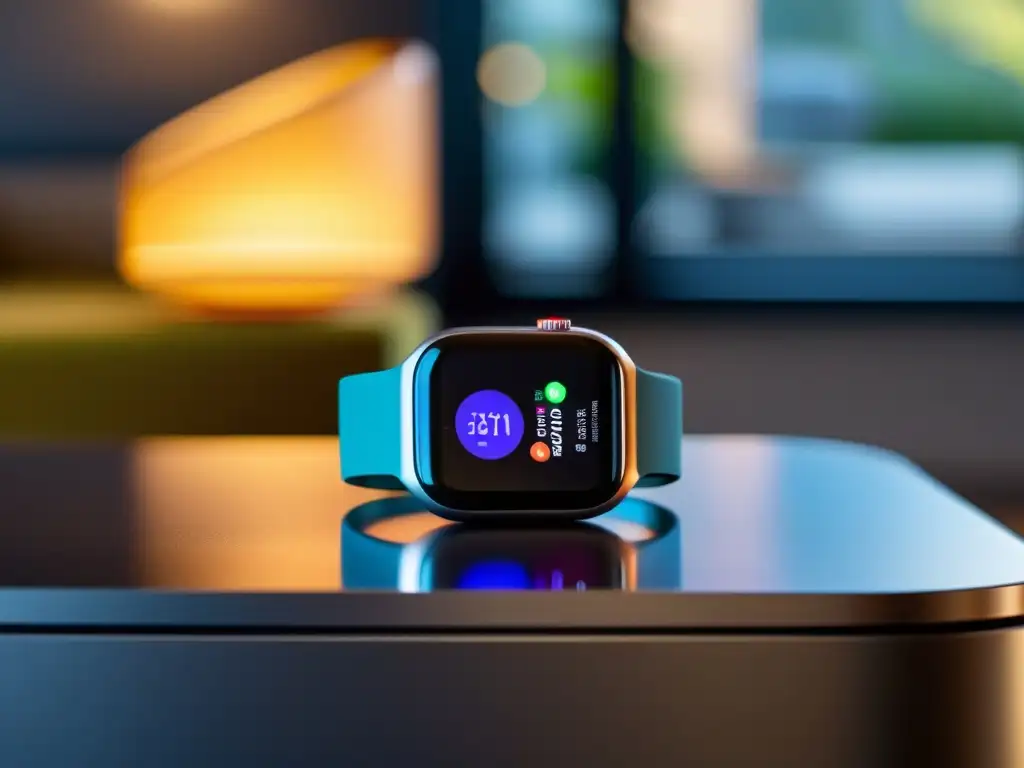 Smartwatch moderno en sala tech-savvy Un reloj inteligente moderno y elegante con pantalla táctil vibrante, descansando en un cargador futurista, en un ambiente tech-savvy de sala de estar con dispositivos inteligentes y luces ambientales