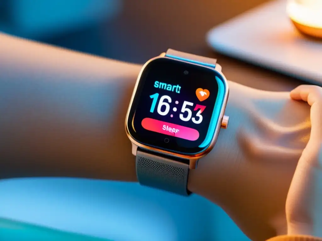 Smartwatch saludable en hogar inteligente Un reloj inteligente moderno se sincroniza con un entorno futurista de hogar inteligente, mostrando funciones de monitoreo de salud