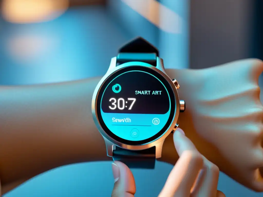 Controla tu hogar con estilo: Smartwatch futurista Un reloj inteligente moderno con interfaz holográfica, controlando electrodomésticos en un hogar futurista