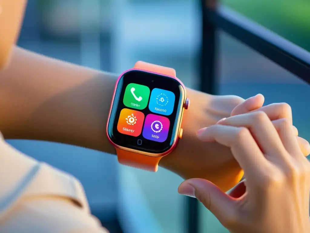 Controla tu hogar desde la muñeca: smartwatch integrado en ambiente moderno Un reloj inteligente moderno muestra una interfaz elegante para el control domótico, con opciones para iluminación, temperatura y seguridad