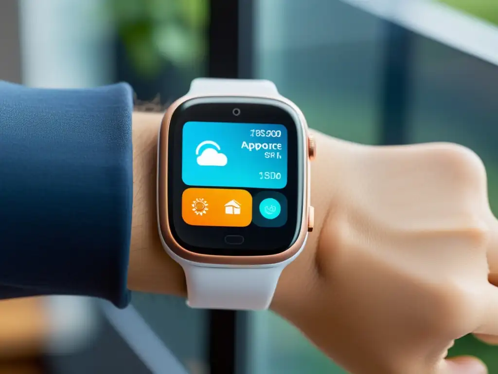Controla tu hogar inteligente con estilo Un reloj inteligente moderno muestra opciones de control para electrodomésticos inteligentes, con un diseño futurista y elegante