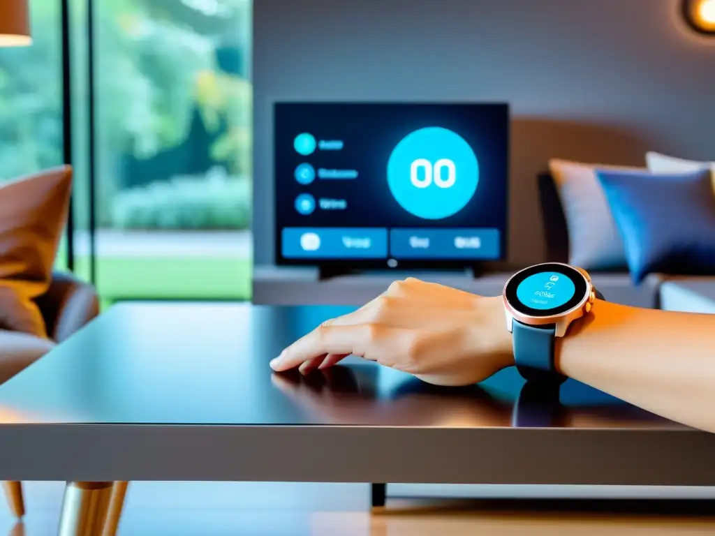 Controla tu hogar con estilo: smartwatch y tecnología futurista Un reloj inteligente en un moderno salón con tecnología wearable para control domótico
