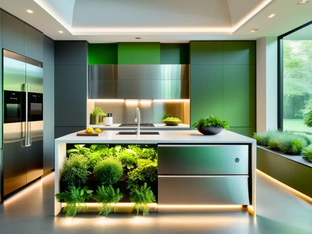 Cocina moderna con electrodomésticos inteligentes y jardín de hierbas Rentabilidad electrodomésticos inteligentes en cocina moderna, con iluminación ambiental y jardín de hierbas frescas