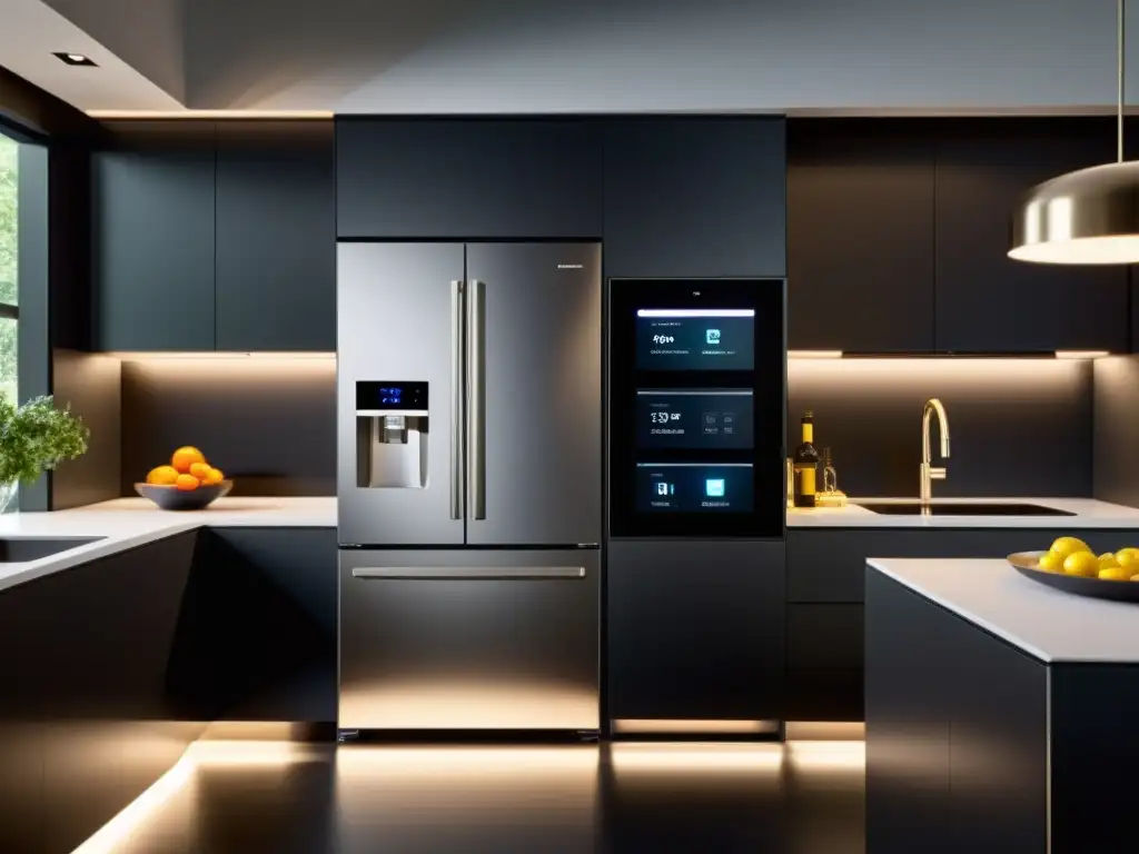Cocina futurista con electrodomésticos inteligentes Rentabilidad electrodomésticos inteligentes: Cocina moderna con tecnología integrada, creando un espacio futurista y eficiente